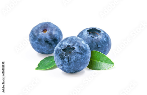 Blueberry isolated on white background. Blueberry macro photo. Blueberry with leaves. With clipping path. Close-up