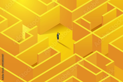 Businesswoman stands inside  to a large complex labyrinth. With challenges