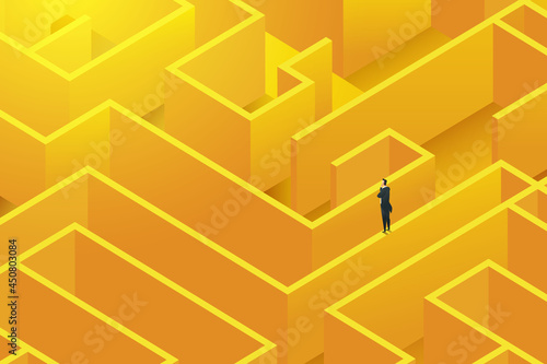 Businessman stands on wall a large complex maze.