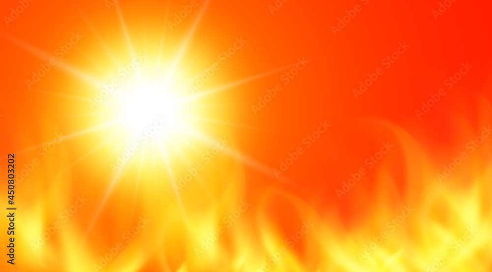 The sun in flames, an orange background with flames as a symbol of fires and hot weather natural disaster, vector illustration The sun in flames, an orange background with flames as a symbol of fires and hot weather natural disaster, vector illustration