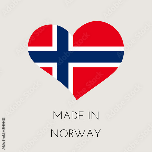 Heart shaped label with Norwegian flag. Made in Norway Sticker. Factory, manufacturing and production country concept. Vector stock illustration