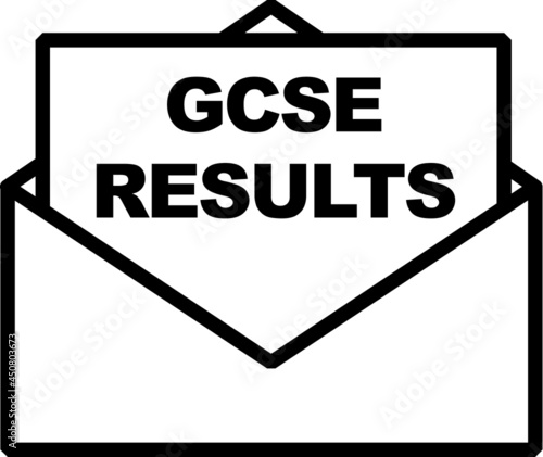 gcse relults black sign with paper envelope and paper showing out of it with words gcse results. photo