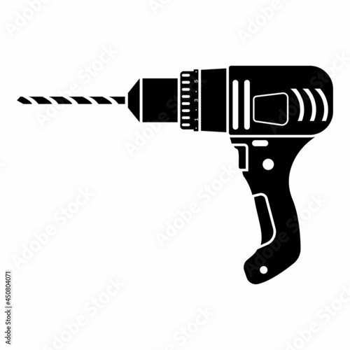 set of construction tools drill, black icon stencil