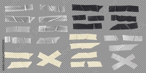 Realistic adhesive tape, paper masking strips, transparent stickers. Black sticky duct tapes with torn edges, crumpled scotch pieces vector set. Transparent, gray and beige sticky patch