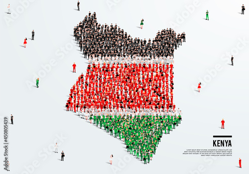 Kenya Map and Flag. A large group of people in the Kenyan flag color form to create the map. Vector Illustration.