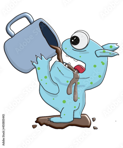 small blue monster drinks coffee