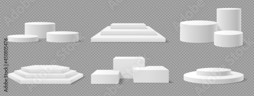 White square shaped podium circular pedestal stand. Realistic empty platform, winner stage, advertising podiums 3d mockup vector set. White stage with stairs for three winner places