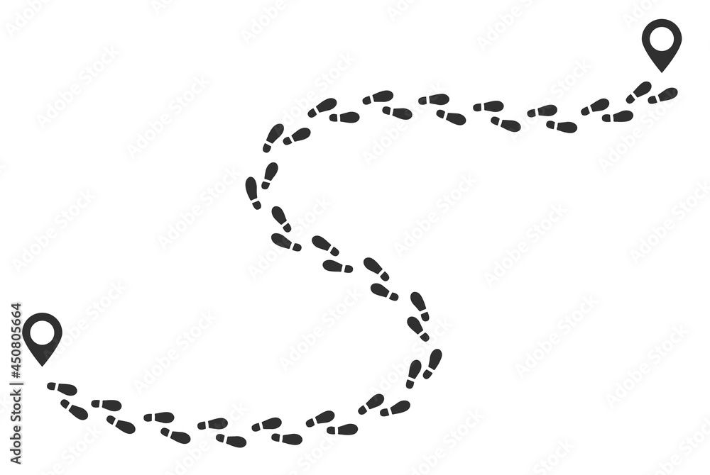 Footprint trail, human walking route, footsteps track. Shoe print path with  gps pointers. Boot shoes sole silhouette, footstep prints vector. Outgoing  step dirty imprints to location mark Stock Vector | Adobe Stock