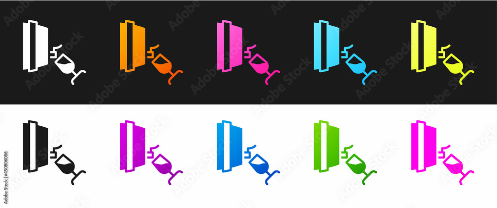 Set Wine tasting, degustation icon isolated on black and white background. Wooden barrel for wine with glass. Vector Set Wine tasting, degustation icon isolated on black and white background. Wooden barrel for wine with glass. Vector