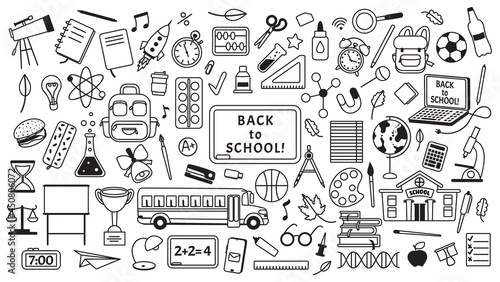School doodles drawings, hand drawn kids education elements. School supplies and stationery, books, laptop, backpack sketch doodle Vector set. Elementary and secondary school objects