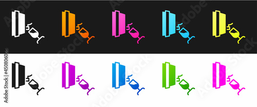 Set Wine tasting, degustation icon isolated on black and white background. Wooden barrel for wine with glass. Vector