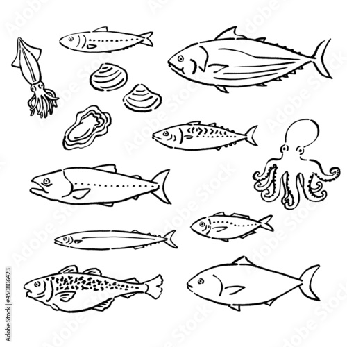 墨絵風の旬の魚のベクターイラストセット
