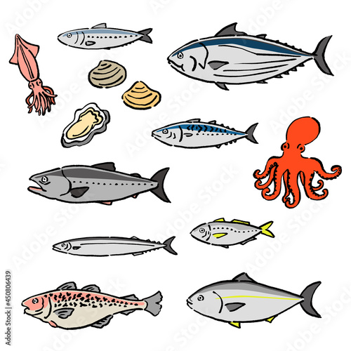 墨絵風の旬の魚のベクターイラストセット