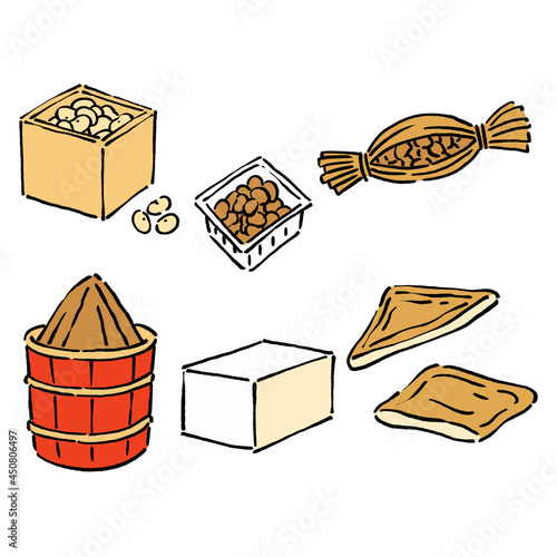 墨絵風の大豆製品のベクターイラストのセット