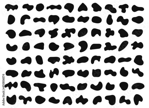Abstract organic liquid shapes, black random blobs. Irregular bubble shape form, splodge, spot. Fluid geometric element silhouette vector set. Asymmetric stones of unique uneven shapes