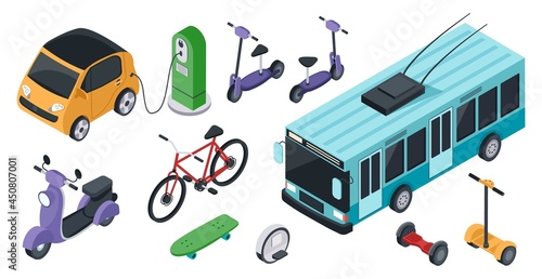 Isometric eco friendly transport, personal electric vehicles. Bicycle, scooter, car, unicycle. Environmental friendly vehicle vector set. Protecting nature, ecological transportation concept