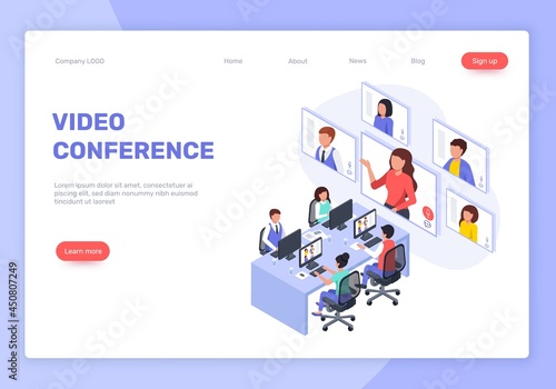 Isometric webinar, video conference or meeting, online business training. Businesspeople talking to colleagues in video call vector landing page. Man and woman working remotely, leader talking
