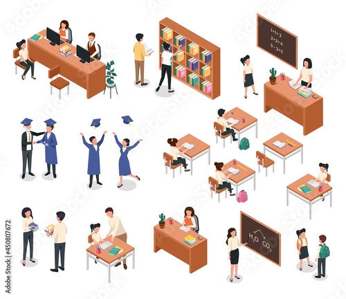 Isometric school. Teacher giving lesson to students. Pupils with backpacks. Classroom furniture and equipment, teachers, students vector set. Graduation ceremony and getting diploma