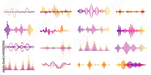 Colorful sound waves, audio frequency graph, voice wave. Abstract soundwave, futuristic radio signal frequency, studio equalizer vector set. Player with dynamic soundtrack bars with curves photo