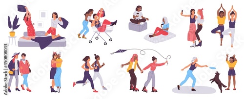 Women friends spend time together, female friendship concept. Happy girl friends having sleepover, hugging, taking selfie vector set. Characters doing shopping, playing frisbee with dog