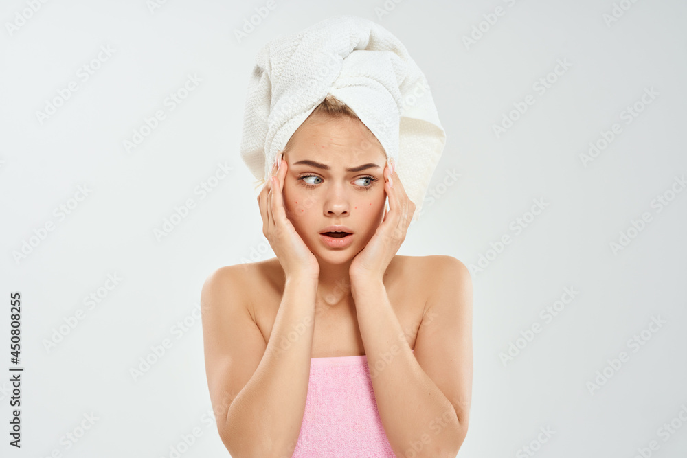 woman with towel on head face skin problems cropped view woman with towel on head face skin problems cropped view