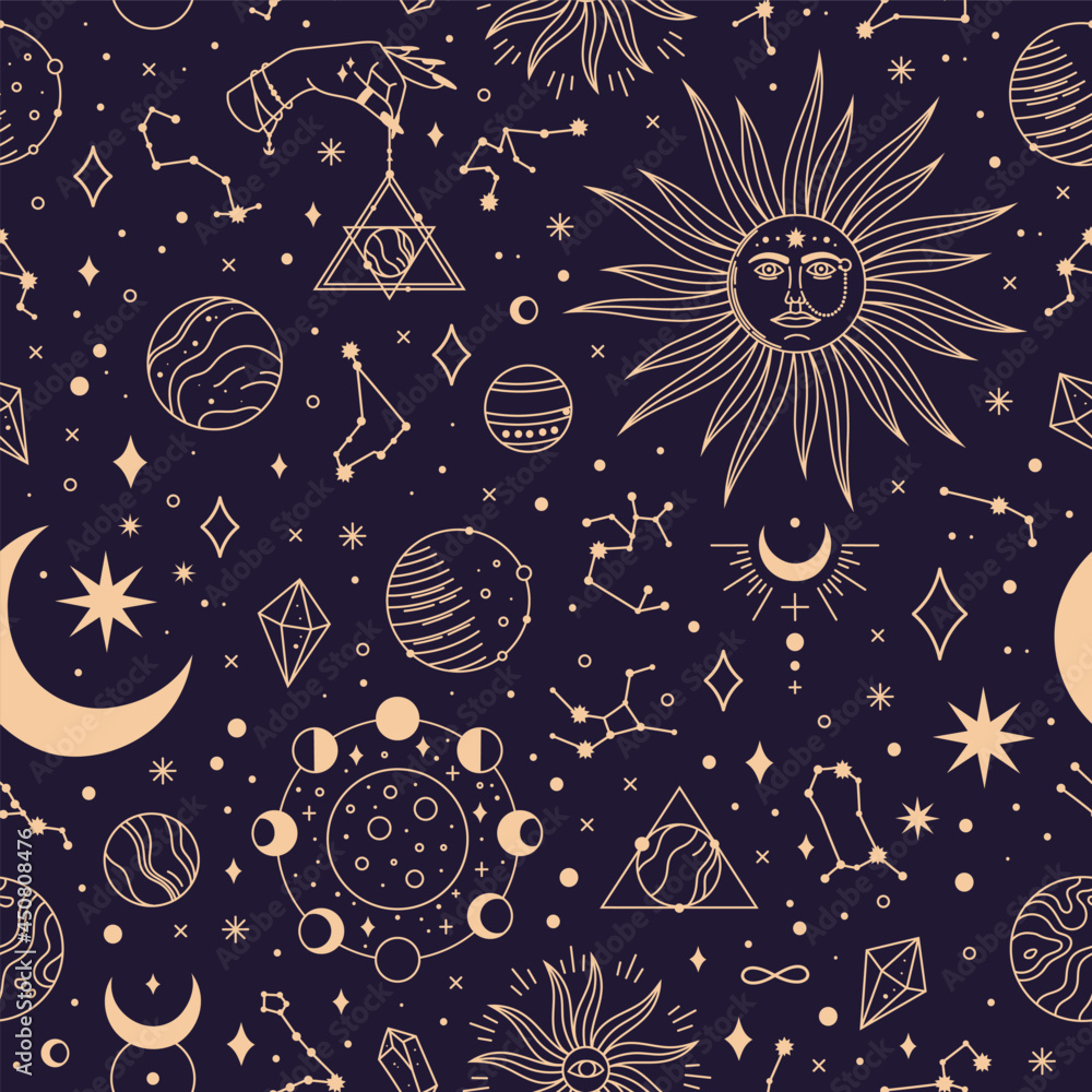 Astrology seamless pattern with constellations, planets and stars. Space galaxy, starry night textile fabric print vector background. Mystical and magical elements on cosmic sky with celestial bodies