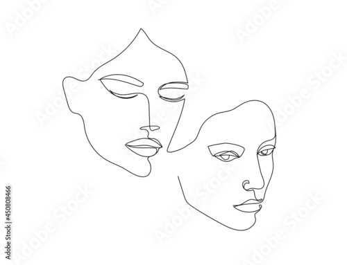 Vector minimalist style portrait. Line, continuous linear two women portrait. Hand drawn abstract feminine print. Use for social net stories, beauty logos, poster illustration, card