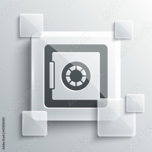 Grey Safe icon isolated on grey background. The door safe a bank vault with a combination lock. Reliable Data Protection. Square glass panels. Vector