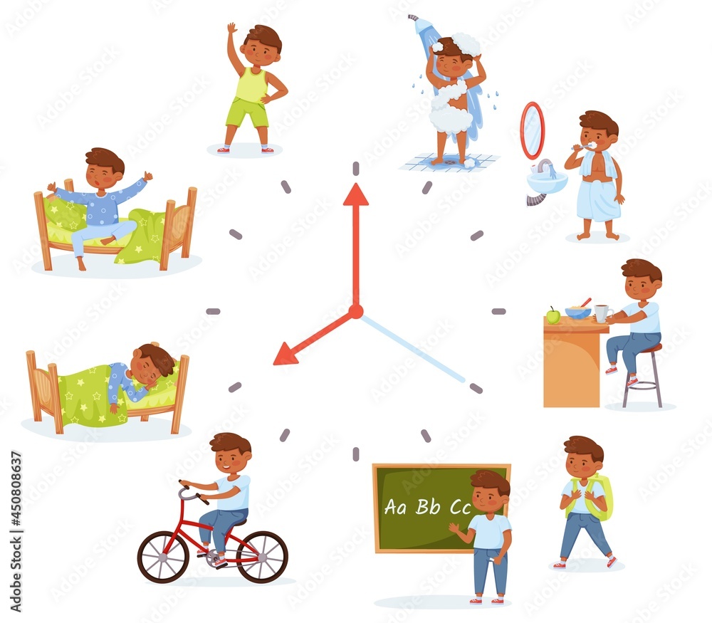 Cartoon little school boy activities, child daily routine. Children morning and evening activity, everyday schedule for kids vector set. Brushing teeth, having shower and learning at school Cartoon little school boy activities, child daily routine. Children morning and evening activity, everyday schedule for kids vector set. Brushing teeth, having shower and learning at school