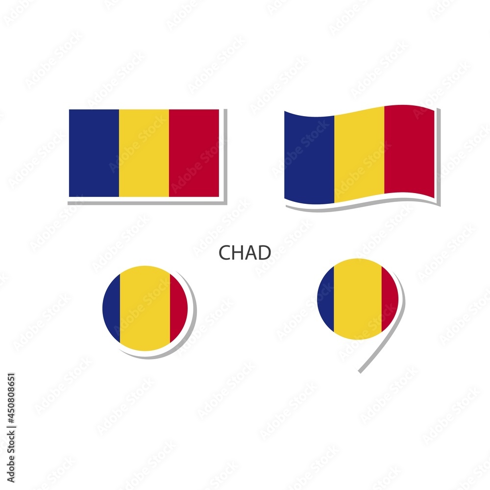 Fototapeta premium Chad flag logo icon set, rectangle flat icons, circular shape, marker with flags.