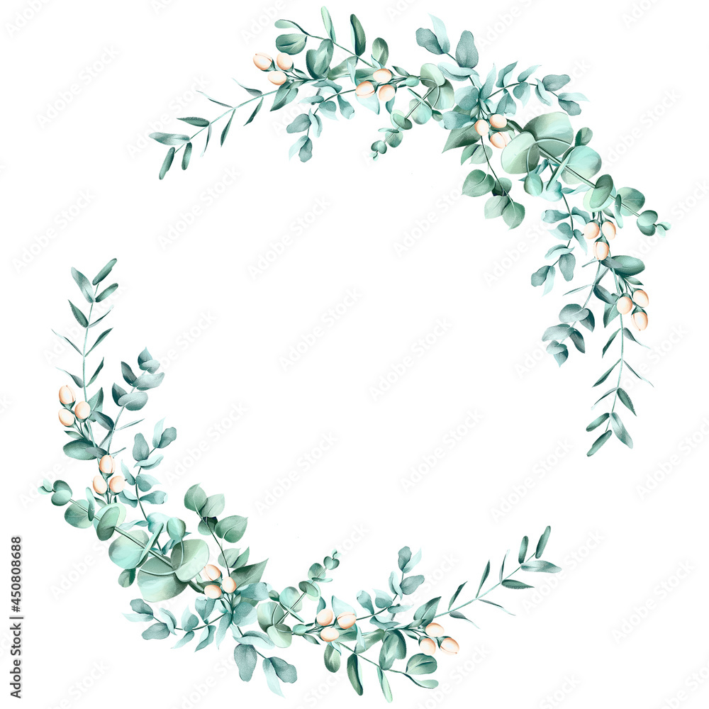 Watercolor greenery illustration. Eucalyptus frame border, for wedding stationary, greetings, wallpapers, fashion, background