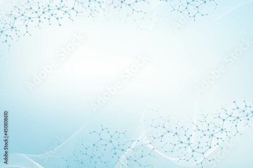 Molecular structure background. Science template wallpaper or banner with a DNA molecules. Asbtract molecule background with hexagons, wave flow, illustration.