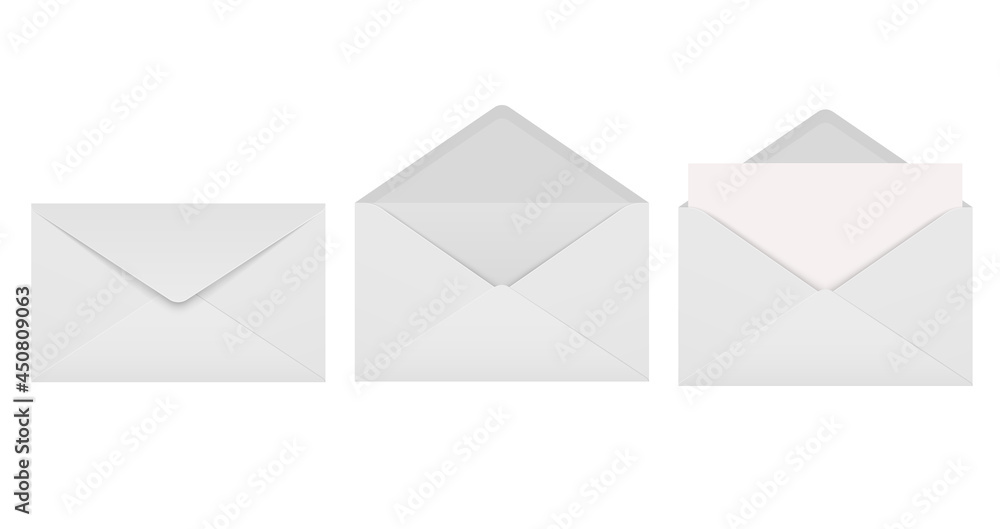 Set of white blank paper envelopes in open, closed position, with sheet of paper, front view. Set of white blank paper envelopes in open, closed position, with sheet of paper, front view.