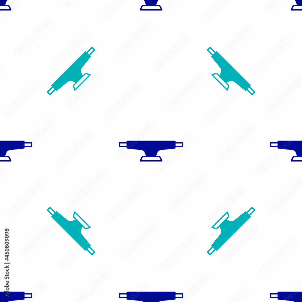 Blue Skateboard wheel icon isolated seamless pattern on white background. Skateboard suspension. Skate wheel. Vector Blue Skateboard wheel icon isolated seamless pattern on white background. Skateboard suspension. Skate wheel. Vector