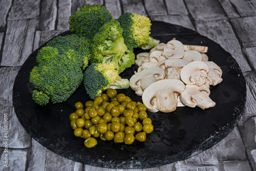 peas broccoli mushrooms vegan food