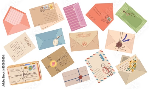 Envelopes, paper mail letters, postcards with stamps and postmarks. Handmade wax seal envelope, vintage correspondence post card vector set. Old-fashioned writing with flowers for holidays