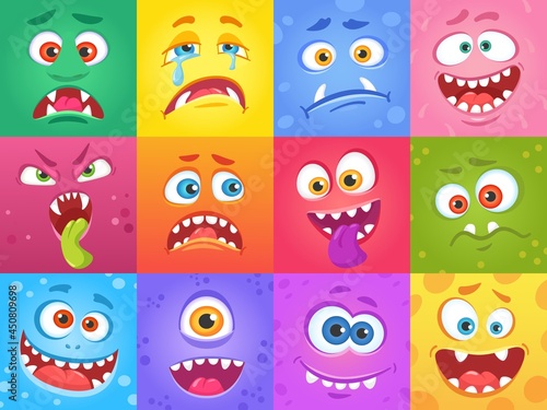 Cartoon funny monster faces in squares, cute monsters characters. Halloween spooky face, creatures with various emotions vector set. Aliens with different expressions as happy, crying and sad