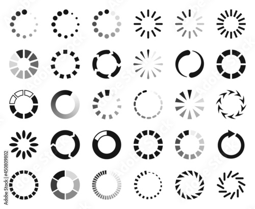 Loading icon, buffering and loader web interface symbol. Circle progress bar, website download progression, reboot icon vector set. Uploading rotating round process, different elements photo