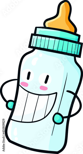 Funny and cute baby milk bottle character smiling happily