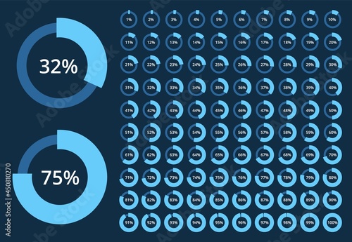Percentage chart pie, circle progress bar with percents. Data loading progression graph, circular infographic element for presentation vector set. Blue color loader, project management