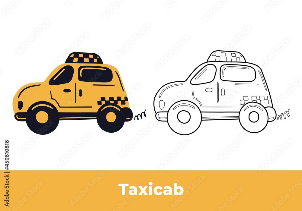 Fototapeta premium Coloring page and colorful clipart. Hand drawn yellow taxi car and black contour sketch. City transport. Cute kids vector illustration.