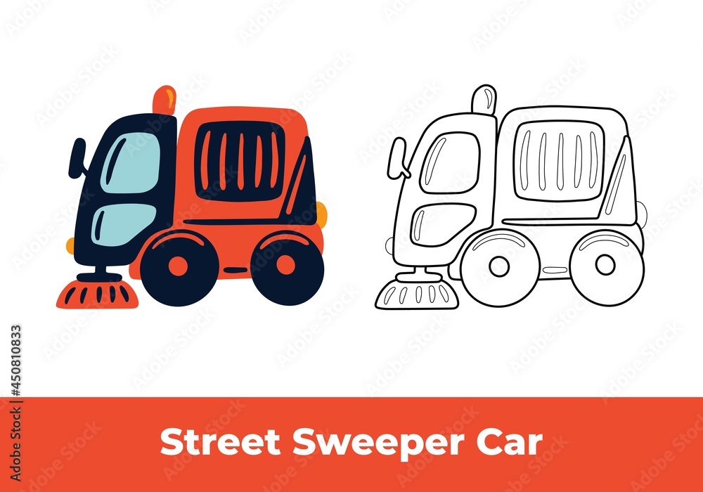 Coloring page and colorful clipart. Street sweeper car. Hand drawn red