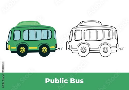 Coloring page and colorful clipart. Hand drawn green town bus and black contour sketch. Public transportation. Cute kids vector illustration.