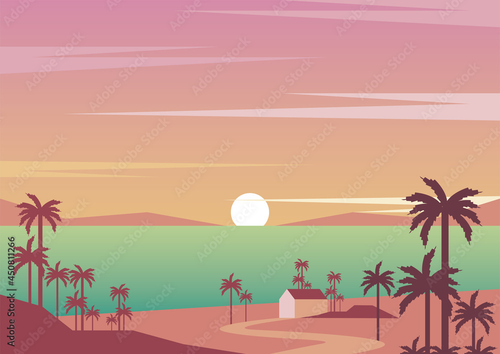 Seascape Sunset Aventure Travel Landscape Scene Vector Illustration Design