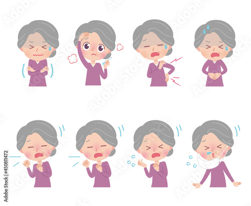 高齢者女性　体調不良　イラストセット