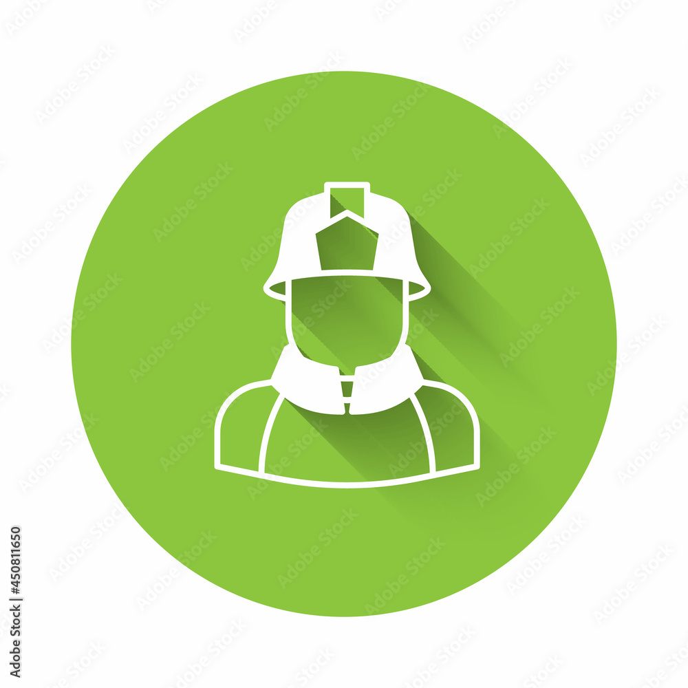 White Firefighter icon isolated with long shadow background. Green circle button. Vector White Firefighter icon isolated with long shadow background. Green circle button. Vector