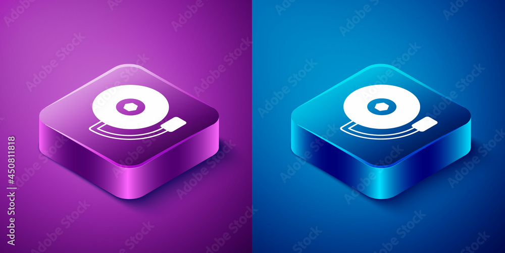Isometric Ringing alarm bell icon isolated on blue and purple background. Fire alarm system. Service bell, handbell sign, notification symbol. Square button. Vector Isometric Ringing alarm bell icon isolated on blue and purple background. Fire alarm system. Service bell, handbell sign, notification symbol. Square button. Vector