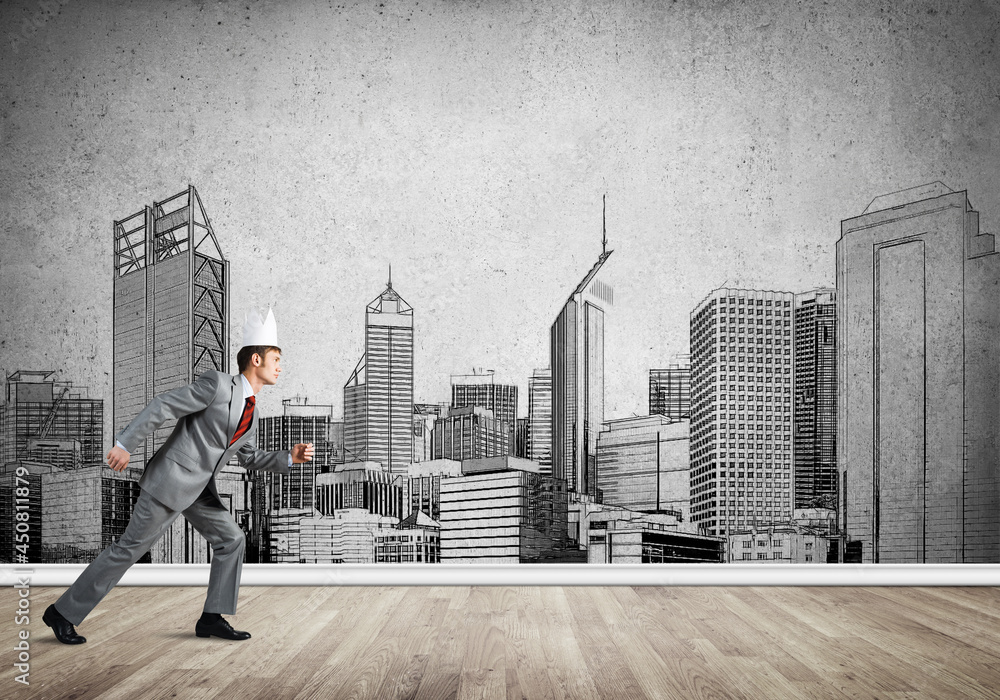 King businessman in elegant suit running and drawn cityscape silhouette at background King businessman in elegant suit running and drawn cityscape silhouette at background