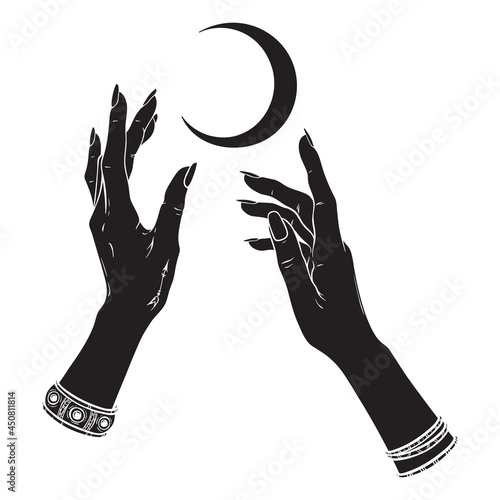 Hand drawn female witch hands holding crescent moon. Flash tattoo, sticker, patch or print design vector illustration.