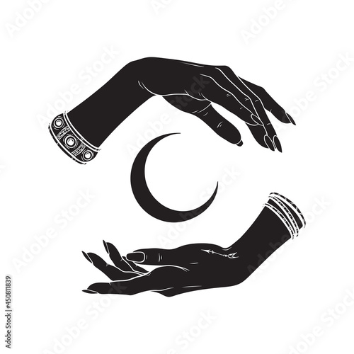 Hand drawn female witch hands holding crescent moon. Flash tattoo, sticker, patch or print design vector illustration.